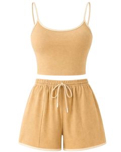Customized Beige Women Camisole And Shorts <b>Set</b> Summer Two Piece Outfit Cotton Blend Crop Top Drawstring Shorts Casual Lounge <b>Set</b> - Product Image 1