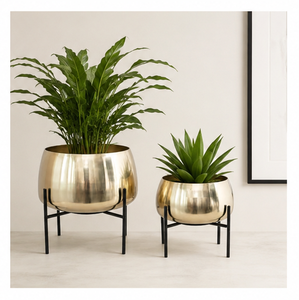 Ensemble de 2 jardinières modernes en métal doré avec support en fer noir, pot de fleurs d'intérieur pour salon et balcon, meilleur prix - Product Image 1