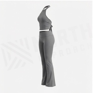 2 Piece Yoga Set High Waist <b>Flared</b> <b>Leggings</b> Halter Crop Top Solid Gray Seamless Breathable Women's Activewear - Product Image 3