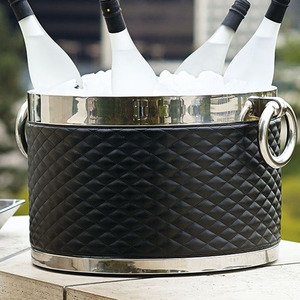 Luxury Stainless Steel Double Wall Wine <b>Ice</b> Bucket With Black Quilted Leather Wrap Silver Ring Handles Party Beverage Tub - Product Image 4