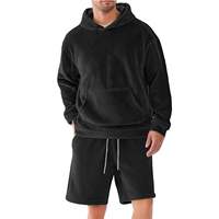 Conjunto de Sudadera con Capucha y Pantalones Cortos de Forro Polar Doble para Hombre, Talla Grande, Color Sólido, Manga Larga, Cintura Elástica con Cordón, Casual y Cálido
