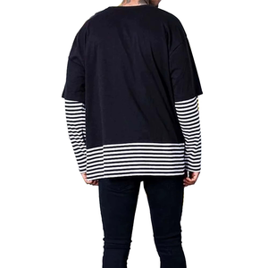 เสื้อยืดแขนยาวผู้ชายทรงโอเวอร์ไซส์ สีดำลายทาง แต่งขอบตัดกัน ผ้าถักคอตตอน สไตล์สตรีท คอกลม สองชั้น - Product Image 5