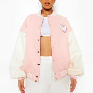 Chaqueta Varsity Rosa y Crema con Logotipo W Bordado, Estilo Preppy, para Otoño, Corte Regular, Cierre de Botones, Unisex - Product Image 2