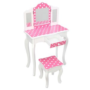 Pink/White YJ Kids' Furniture Set Wooden <b>Vanity</b> with Tri-Fold <b>Mirror</b> Chair <b>Table</b> Stool <b>Vanity</b> Set for Kids - Product Image 3