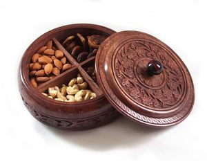 Handmade Wooden Dry Fruits <b>Container</b> Hand-Carved <b>Snacks</b> Masala Box 4 Compartment Wooden Storage Organizer - Product Image 4