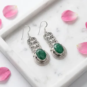Boucles d'oreilles pendantes en argent sterling 925 avec quartz vert, pierre précieuse ovale, filigrane vintage, style bohème, bijoux ethniques faits à la main pour femmes - Product Image 2