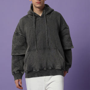 Sudadera con Capucha de Doble Capa para Hombre, Lavado Ácido, Algodón Grueso, Estilo Urbano Vintage, Cálida para Invierno, Moda, Venta al por Mayor OEM - Product Image 2