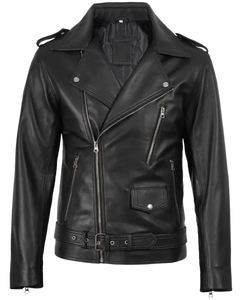 Blouson en cuir noir pour homme, style motard, avec ceinture, en cuir véritable, personnalisable avec logo, OEM/ODM, vente en gros - Product Image 4