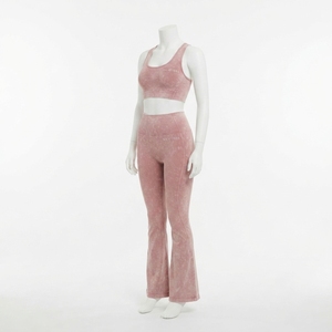 Women <b>Pink</b> Acid Wash Sports Bra Flare Leggings <b>Set</b> High Waist <b>Gym</b> Yoga Workout Activewear - Product Image 1