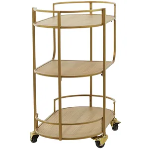 Chariot de service ovale en métal avec 3 étagères en bois, cadre doré, chariot de bar roulant pour la décoration de fêtes à domicile, style glamour, design durable - Product Image 5
