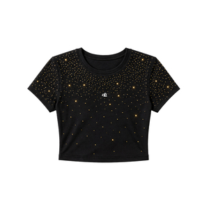 Camiseta de mujer de estilo juvenil con pedrería de moda, diseño personalizado con pedrería en toda la prenda, OEM, versátil, informal, para verano. - Product Image 3