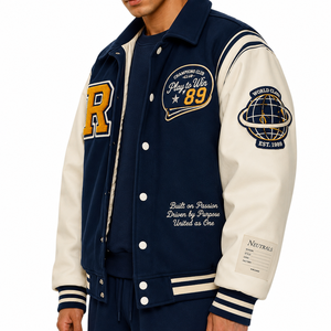 URBANGAZER <b>Men's</b> Winter Varsity <b>Jacket</b> Woolen Fabric Eco-Friendly Breathable Windproof Thick High Street Style Patchwork OEM - Product Image 5