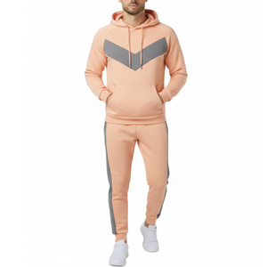 Conjunto deportivo de dos piezas para hombre, sudadera con capucha de felpa color melocotón y pantalones, ropa deportiva para gimnasio. - Product Image 1