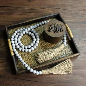 Guirlande de perles en bois avec pompons, style rustique campagnard, gris vieilli, chaîne de perles de prière en bois, décoration murale pour la maison et les fêtes - Product Image 5