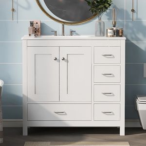 Mobile Bagno Bianco da 36 Pollici con Ampio Spazio di Archiviazione, Armadietto a 2 Ante con Chiusura Ammortizzata e 5 Cassetti, con Lavabo in Ceramica Integrato - Product Image 3