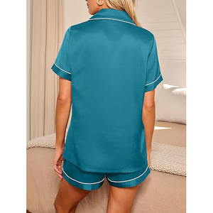 Sexy Ladies <b>Pajama</b> Style Women Night <b>Suit</b> Short Sleeve Lapel Collar Button Front Shorts Set - Product Image 3