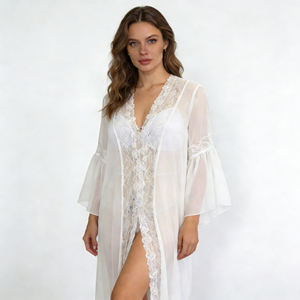 Hot sale on Temu Ladies <b>White</b> Long Bridal Dress <b>Lace</b> Trim Bell Sleeve Open Front Dress For Wedding Preparation And Honeymoon - Product Image 5