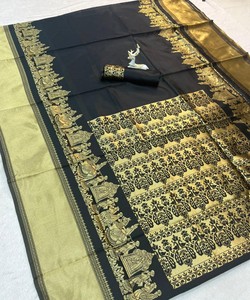 Sari de seda licuosa con bordado de fantasía y blusa sin coser, para uso diario, precio al por mayor, prenda étnica, negro 84992 - Product Image 4