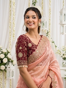 Elegante sari de seda rosa con blusa color granate para bodas, para mujeres de India y Pakistán. - Product Image 6