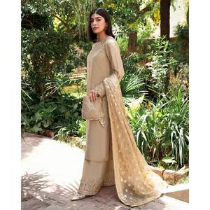Ensemble Salwar Kameez en Rayonne Beige de Créateur, Haut et Bas avec Dupatta, Taille Unique, Idéal pour les Fêtes - Product Image 4