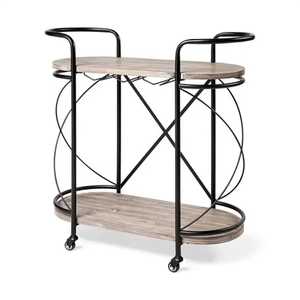 Carrito de Bar Moderno con Estructura de Metal Negro, Estantes de Madera, Esquinas Redondeadas, Portavasos, Carrito de Servicio Móvil, Estilo Rústico Industrial - Product Image 1