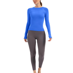 Vente en gros de T-shirts de sport d'hiver tricotés pour femmes, vierges, en Spandex/Nylon, coupe ajustée, anti-humidité, avec option de logo frontal - Product Image 6