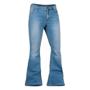 Jean flare homme en denim délavé, taille haute, coupe droite, coton mi-lourd, décontracté, pour le printemps, bleu - Product Image 1