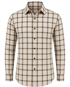 Camisa de Franela a Cuadros Beige Marrón para Hombre, Casual y Formal, de Manga Larga, con Botones, de Algodón, para Oficina, Personalizable - Product Image 1