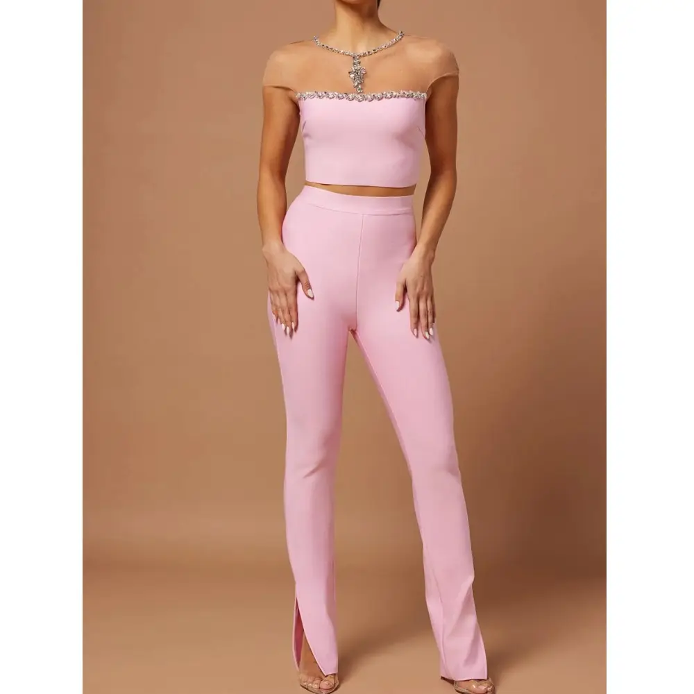 2023 nuevo Color Rosa mujeres Sexy Crystal Mesh Tops Bodycon vendaje pantalones conjunto High Street Evening Party Celebrate Set Wear