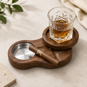 Noyer massif personnalisé 360 °   Cendrier rotatif pour cigares avec porte-verre à whisky et cendrier en métal - Product Image 3