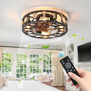 Modern Farmhouse LED <b>Ceiling</b> Fan with Caged <b>Light</b> Low Profile Flush Mount 6 Speeds Reversible Blades 6-Button <b>Remote</b> <b>Control</b> - Product Image 2