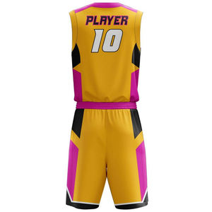 Ensemble de maillots de basket-ball personnalisés jaune rose noir, col en V, manches courtes, impression sublimée, évacuation de l'humidité, unisexe, adulte, toutes saisons - Product Image 3