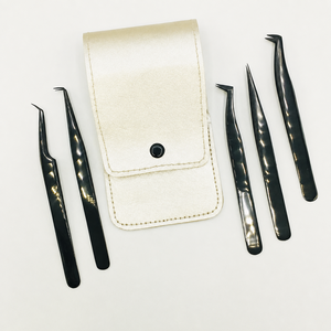 Professional Black Stainless Steel Eyelash Extension Tweezers Set with Premium Storage <b>Pouch</b> - Product Image 3
