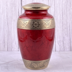 <b>Red</b> and Gold Floral and Leaf Motif Brass Adult Cremation Urn with glossy surface for Human Ashes, Burial Memorial Urn - Product Image 1