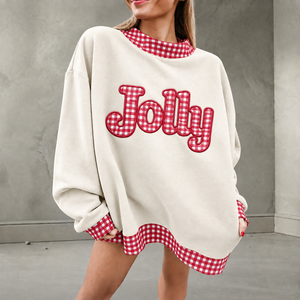 New Oversized Women's Fleece <b>Sweatshirt</b> with Gingham Trim Embroidered Jolly Logo Front Drop-Shoulder <b>Long</b> Sleeve Winter Wear - Product Image 1