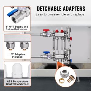 Colector de Acero Inoxidable de 2 Ramificaciones para Tubería PEX, para Sistema de Calefacción por Suelo Radiante Hidrónico, Colector PEX de 1/2 Pulgada - Product Image 3