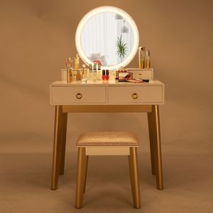 Elegante Set Toeletta in Legno Massello con Specchio Illuminato e Sgabello Imbottito, Finitura Bianco Champagne - Product Image 2