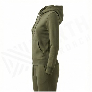 <b>Women</b> Olive Green Hooded <b>Zip</b>-Up Sweatshirt With Side Pockets Full Sleeve Casual Tracksuit <b>Top</b> Autumn Midweight Cotton Jacket - Product Image 3