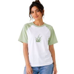 Camiseta de Manga Corta para Mujer, Blanca y Verde Menta, Estilo Raglán, con Estampado Gráfico Minimalista de Naturaleza, Cuello Redondo, Algodón, Informal, Personalizable OEM ODM - Product Image 1