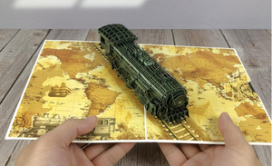 Tarjeta de felicitación 3D con diseño de locomotora de vapor en mapa vintage, papel con acabado mate, tarjeta de regalo - Product Image 1