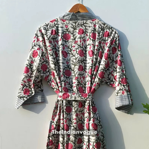 Robe kimono en coton à imprimé floral gris indien pour femmes, peignoir doux et confortable pour se détendre - Product Image 1