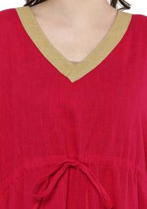 Best Seller Rosy Red Beige Border V-Neck Half Sleeves Floor-Length Solid Eco-Friendly Cotton <b>Kaftan</b> Cool Soft Lounge Wear - Product Image 5