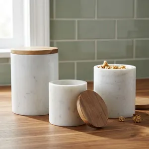 Tarros de Almacenamiento de Mármol Blanco SUNWOODD EXPO con Tapas de Madera y Soporte para Uso en la Encimera de la Cocina - Product Image 4