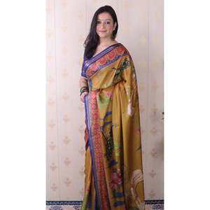 <b>Gold</b> Tussar Silk Pichwai Saree Traditional Printed Zari Woven <b>Scarf</b> & Shawl 450g Elite Weaves - Product Image 3