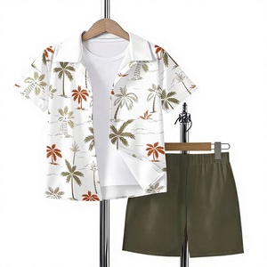 Boys Hawaiian Shirt Set Short Sleeve Button up Printed Top and Elastic Waist Shorts Summer Casual Outfit Polyester/Cotton - Product Image 1