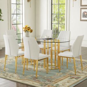 Set di Tavolo da Pranzo Ovale in Vetro Temperato da 71 Pollici e 6 Sedie in PU Bianco con Colonna Doppia Dorata, Arredamento per Sala da Pranzo di Lusso - Product Image 2