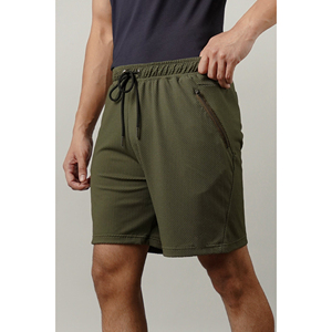 Shorts Bermuda pour homme à séchage rapide, couleur olive vert uni, taille à cordon de serrage, shorts décontractés pour l'entraînement avec poches zippées - Product Image 1