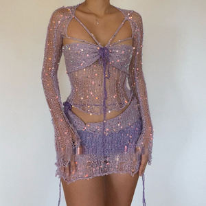 Ensemble pull tricoté personnalisé, simple, ample, mi-long, imprimé, boutonné, écologique, respirant, avec perles scintillantes, pour femme, idéal vacances et plage - Product Image 5