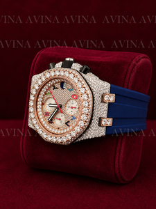 Luxury Moissanite Diamond Hip Hop Watch for Men Full Iced Out Rose Gold Bezel Quartz <b>Chronograph</b> Watch Blue Rubber Strap - Product Image 5