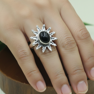 Anillo de ónix negro con diseño de rayos de sol, plata de ley 925, chapado en oro rosa y oro amarillo, estilo vintage, hecho a mano, joyería boho, regalo para mujer - Product Image 2